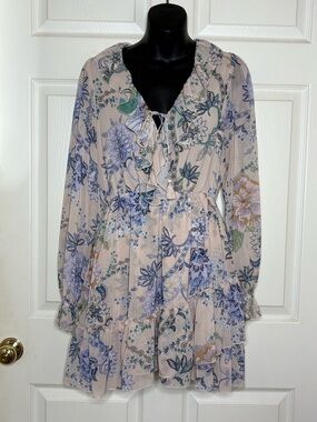 Ruffled Floral Tie-Neck Long Sleeve Dress - Light Beige with Blue Floral